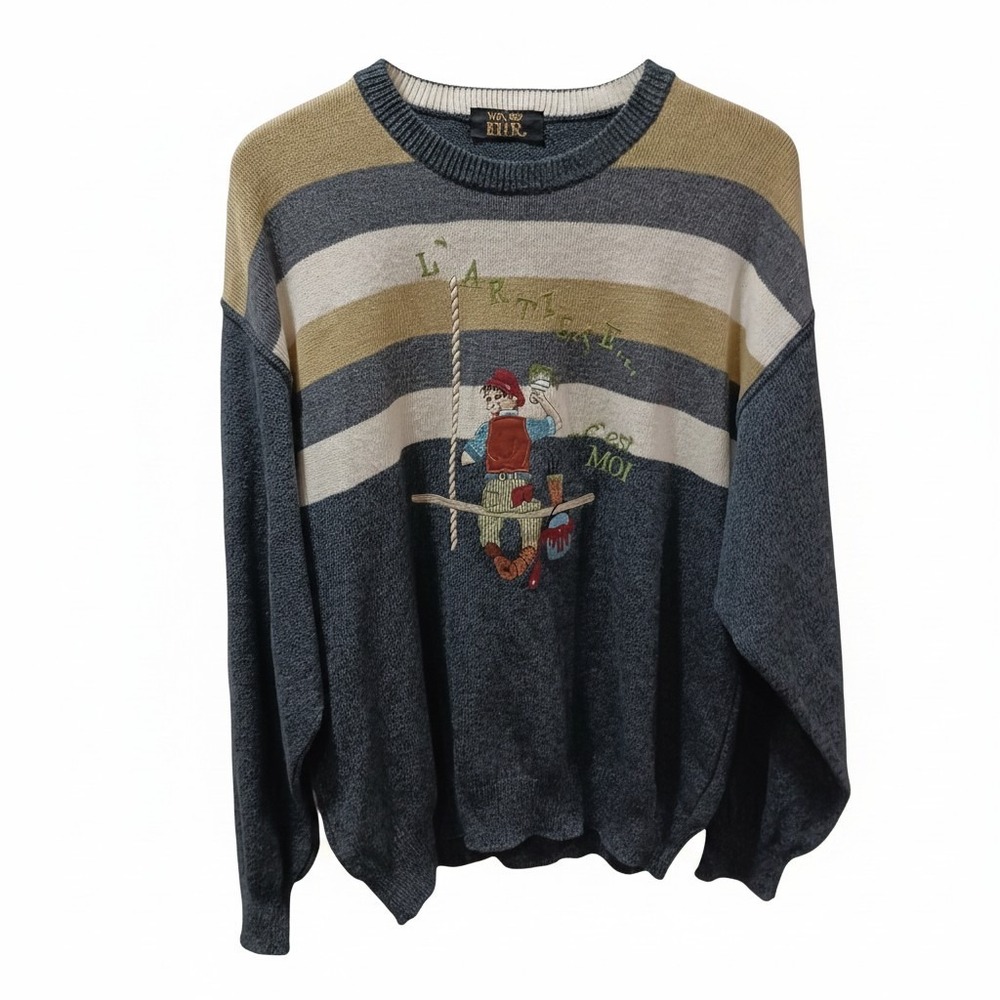 Von Ehr Mens L'Artiste C'est Moi Graphic Knit Sweater Gray Striped XL